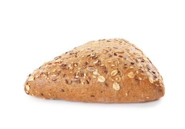Photo of Triangle bun with seeds isolated on white. Wholegrain bread