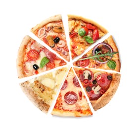 Image of Slices of different tasty pizzas on white background, top view