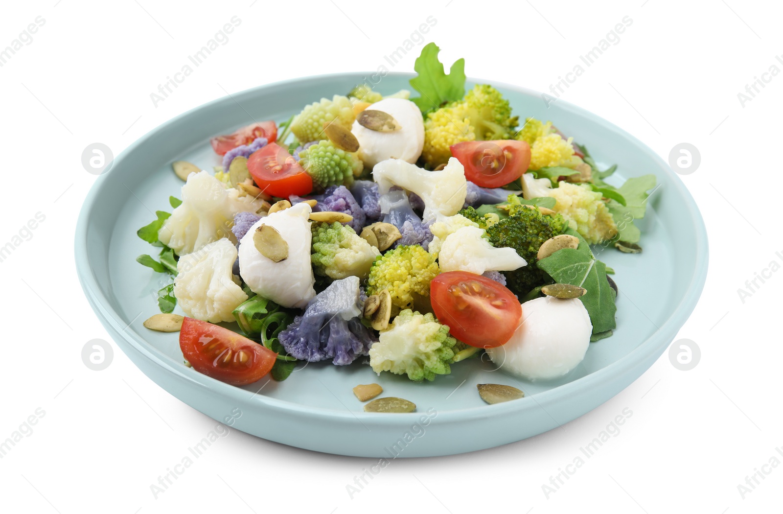 Photo of Delicious salad with cauliflower, tomato and cheese isolated on white