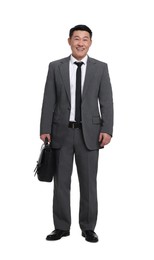 Photo of Businessman with briefcase posing on white background
