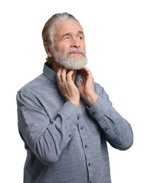 Photo of Senior man suffering from sore throat on white background. Cold symptoms