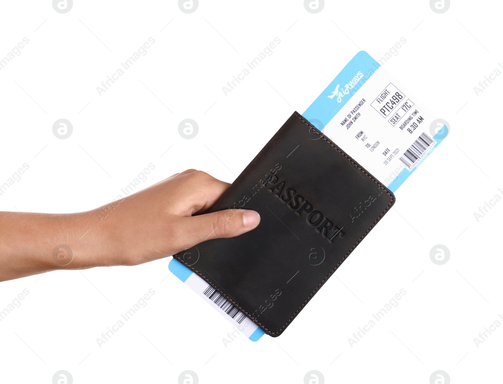 Photo of Woman holding passport and ticket on white background, closeup. Travel agency concept