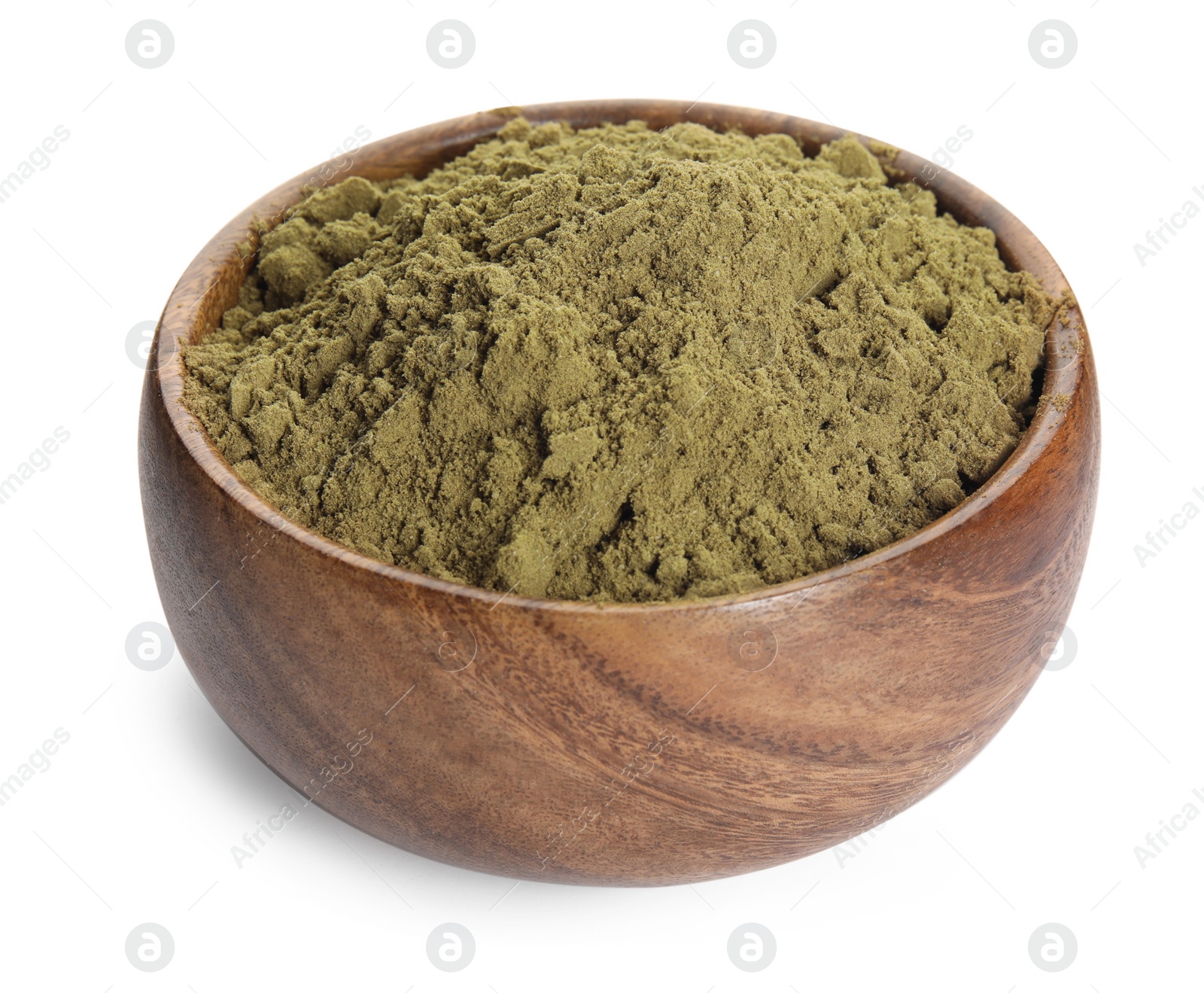 Photo of Wooden bowl with hemp protein powder isolated on white