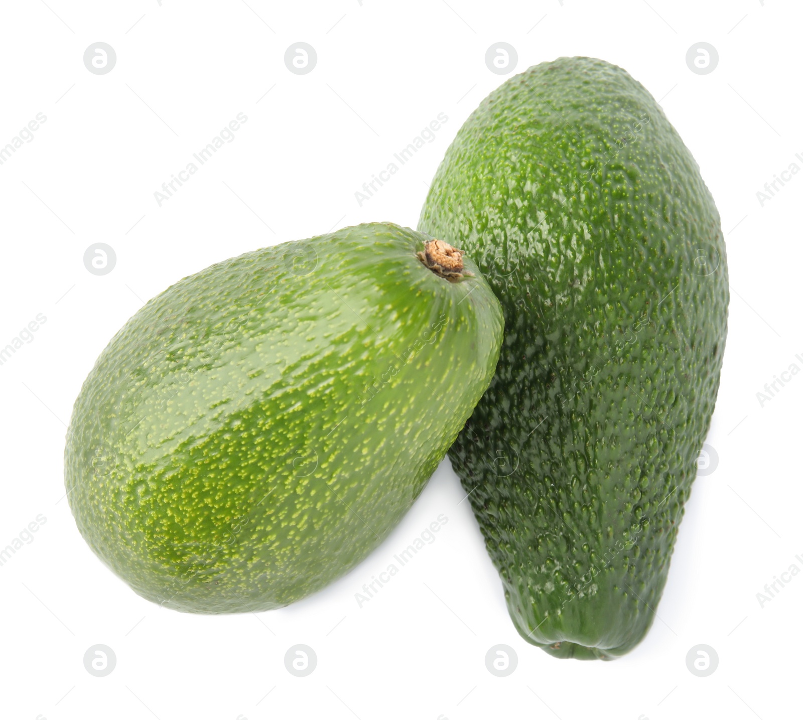 Photo of Tasty ripe avocados on white background, top view. Tropical fruit