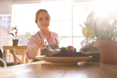 Photo of Young beautiful woman taking care of home plants at wooden table indoors