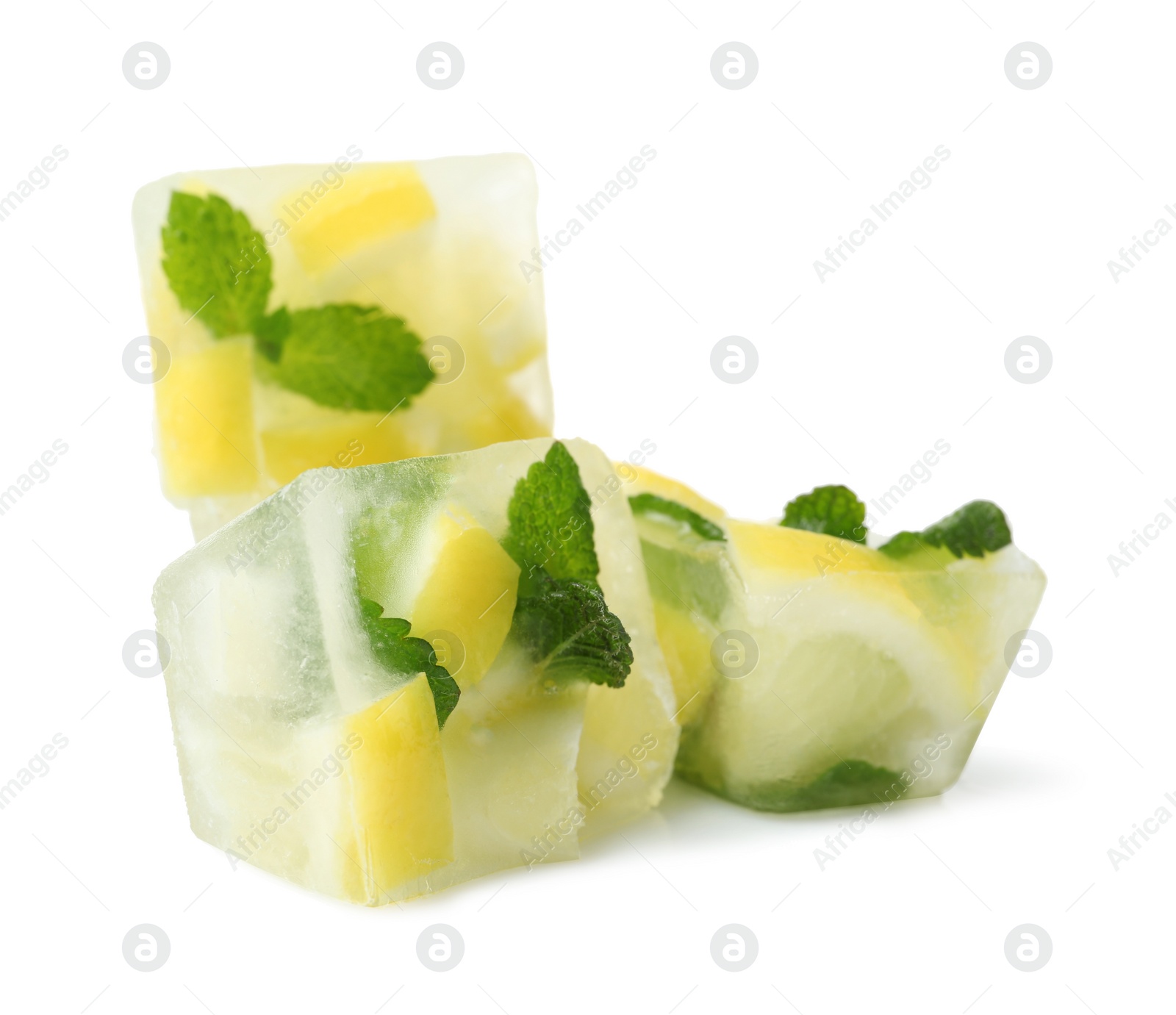 Photo of Ice cubes with mint and lemon on white background