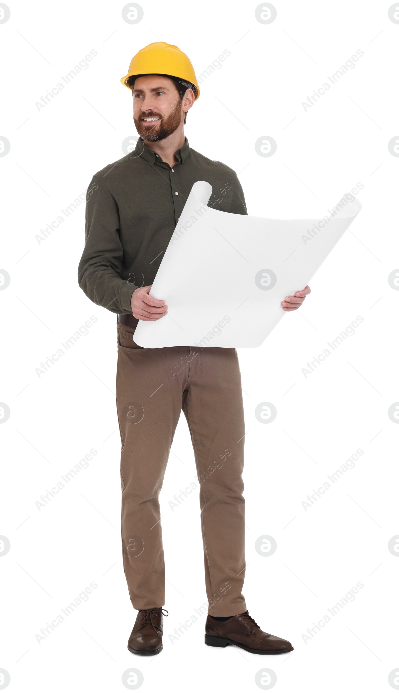 Photo of Architect in hard hat with draft on white background