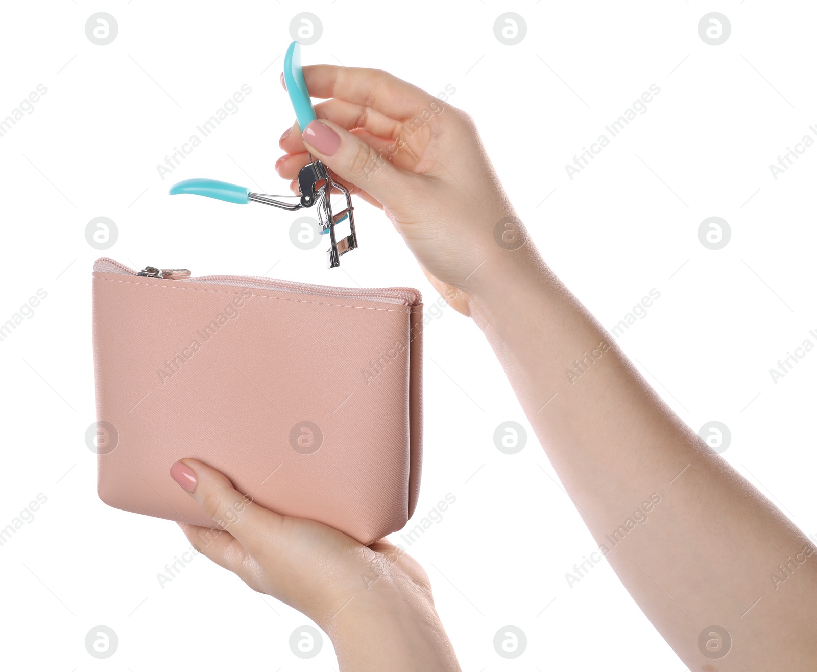 Photo of Woman with cosmetic bag and eyelash curler isolated on white, closeup