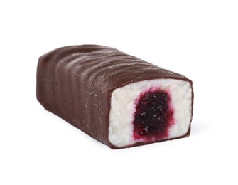 Photo of Piece of glazed curd with berry filling isolated on white
