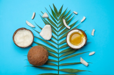 Flat lay composition with coconut oil on color background. Healthy cooking