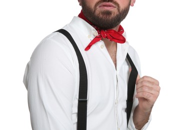 Photo of Fashionable young man in stylish outfit with bandana on white background, closeup