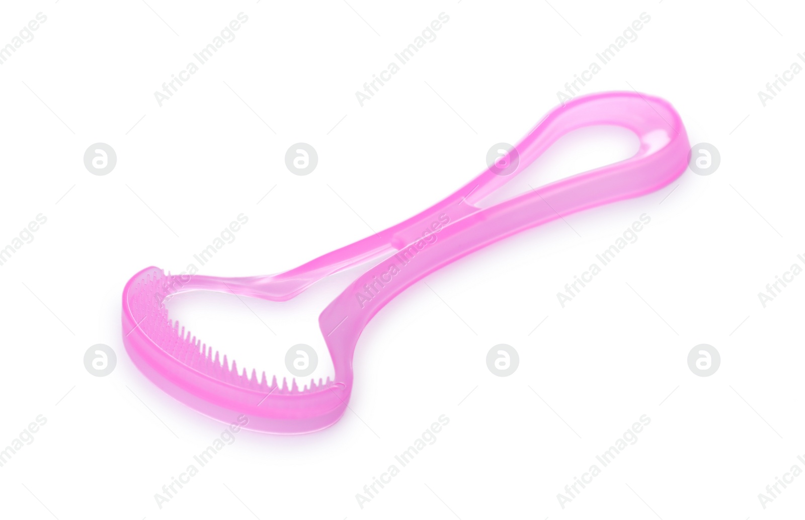 Photo of One pink tongue cleaner isolated on white. Dental care