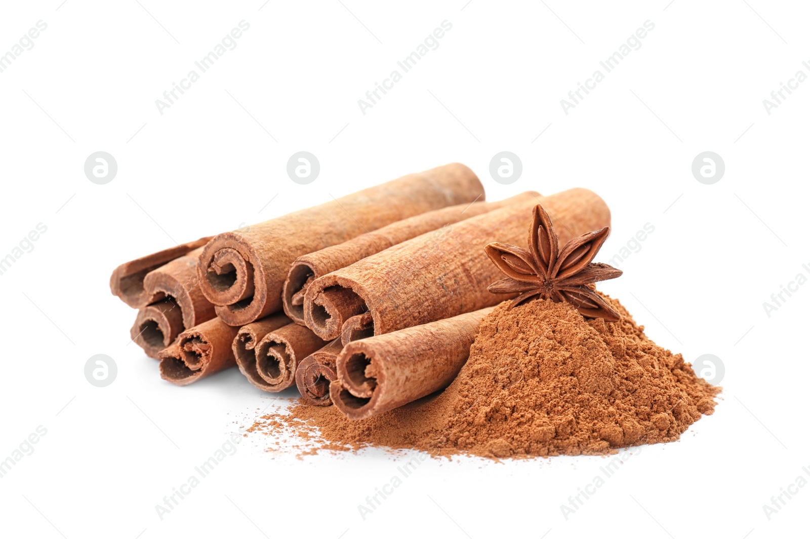 Photo of Aromatic cinnamon sticks and powder on white background