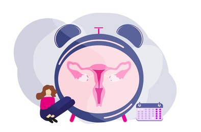 Illustration of Impending menopause concept.  upset woman, alarm clock and calendar on white background