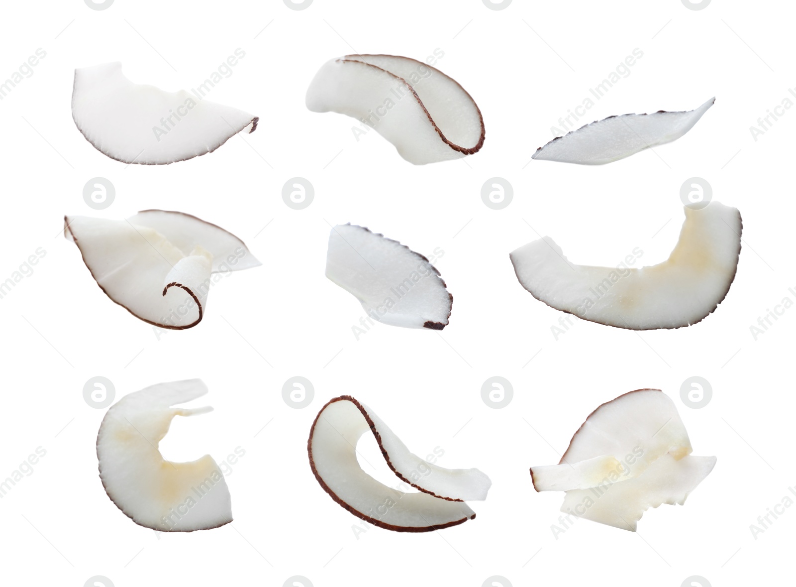 Image of Set with fresh coconut flakes isolated on white