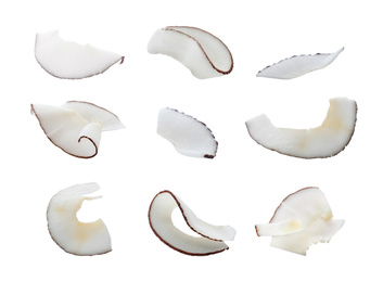 Image of Set with fresh coconut flakes isolated on white