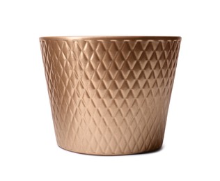 Photo of Golden empty flower pot with pattern isolated on white