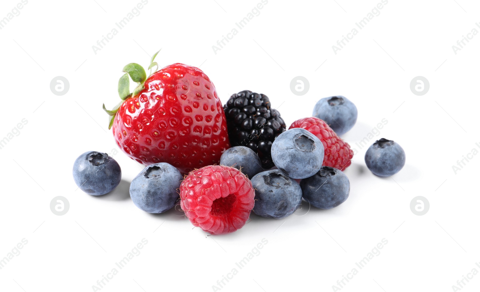 Photo of Many different ripe berries isolated on white