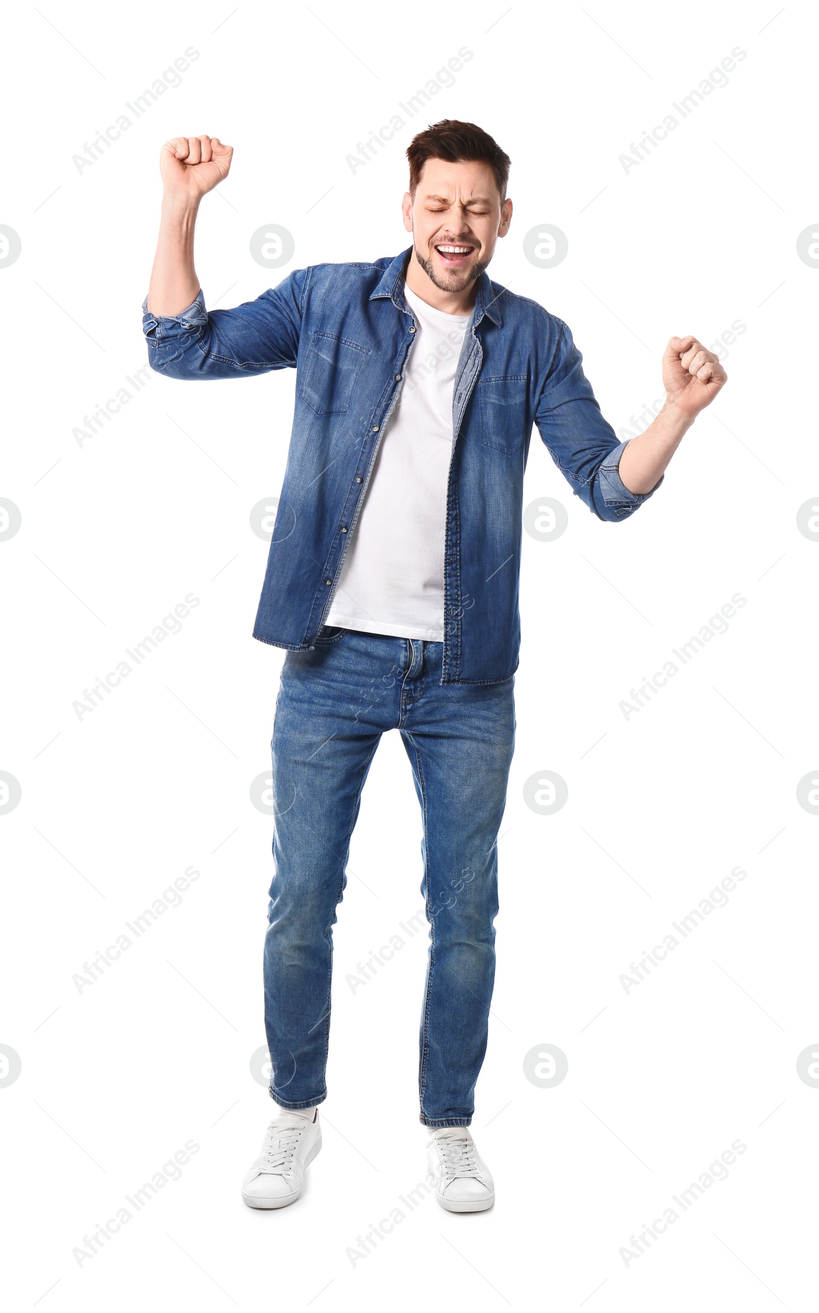 Photo of Full length portrait of emotional handsome man on white background