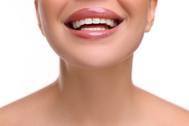 Photo of Woman with beautiful lips smiling on white background, closeup