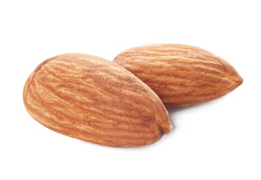 Photo of Organic almond nuts on white background. Healthy snack