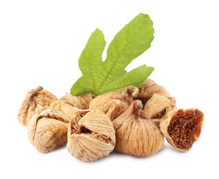 Tasty dried figs and green leaf isolated on white