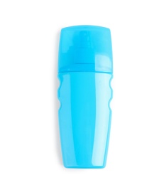 Photo of Bottle with sun protection body cream on white background