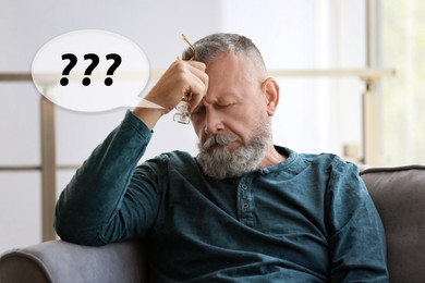 Image of Senior man suffering from dementia at home. Illustration of speech bubble with question marks