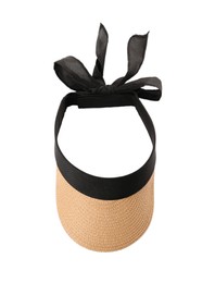 Photo of Stylish straw visor cap with black ribbon isolated on white, top view