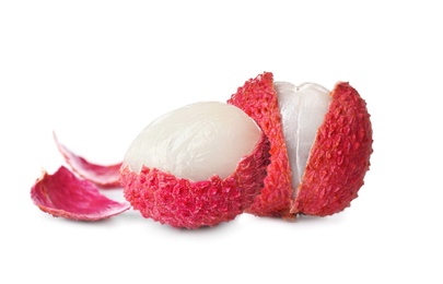 Fresh ripe lychee fruits on white background