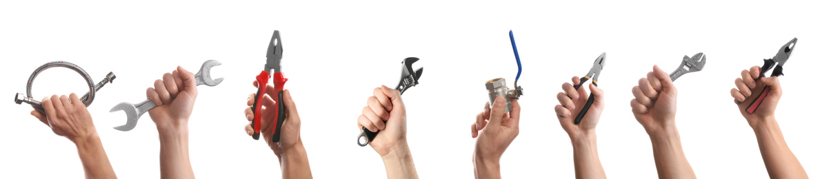 Image of Set with photos of plumbers holding different tools on white background, closeup. Banner design 