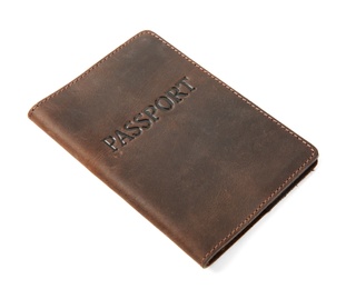 Photo of Passport in leather case on white background