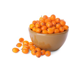 Photo of Fresh ripe sea buckthorn berries in wooden bowl on white background