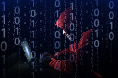 Cyber attack. Anonymous hacker working with laptop on dark blue background. Binary code around him