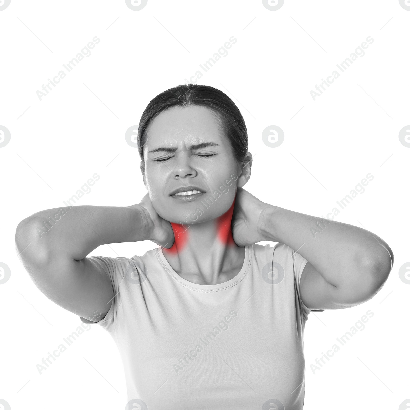 Image of Woman suffering from rheumatism on white background. Black and white effect with red accent in painful area