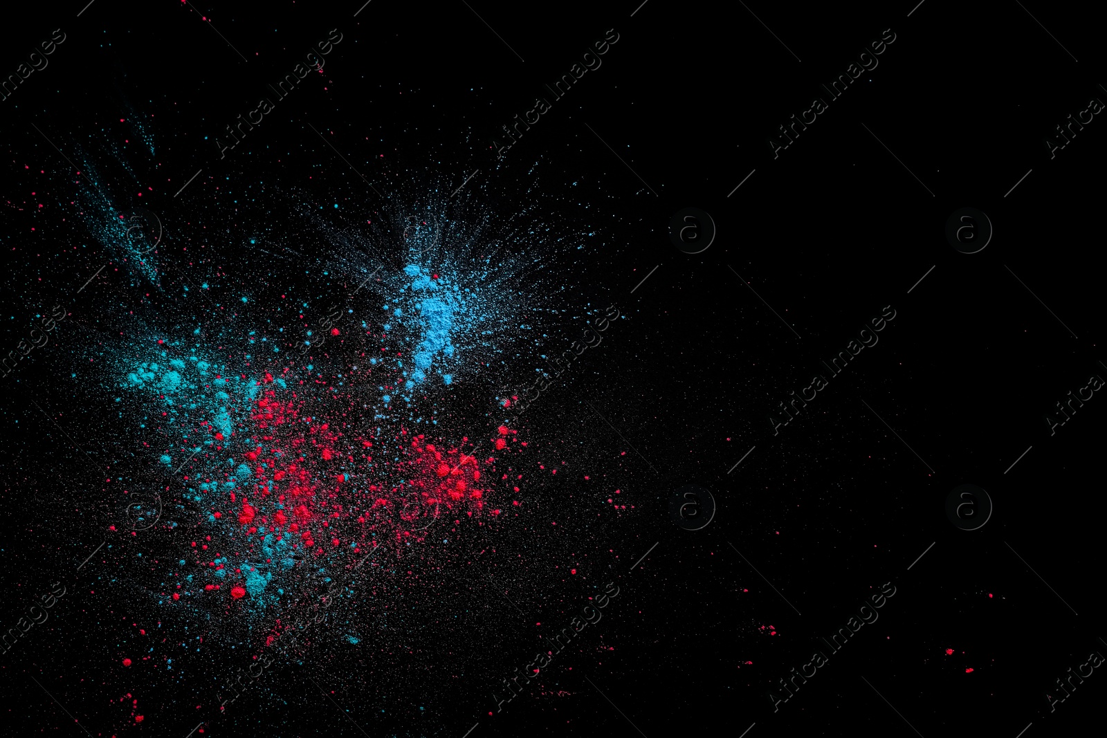 Photo of Colorful powder dyes on grey background, top view with space for text. Holi festival