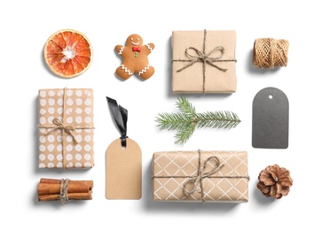 Photo of Flat lay composition with Christmas gifts on white background