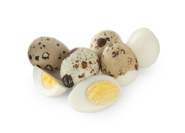 Photo of Unpeeled and peeled hard boiled quail eggs on white background
