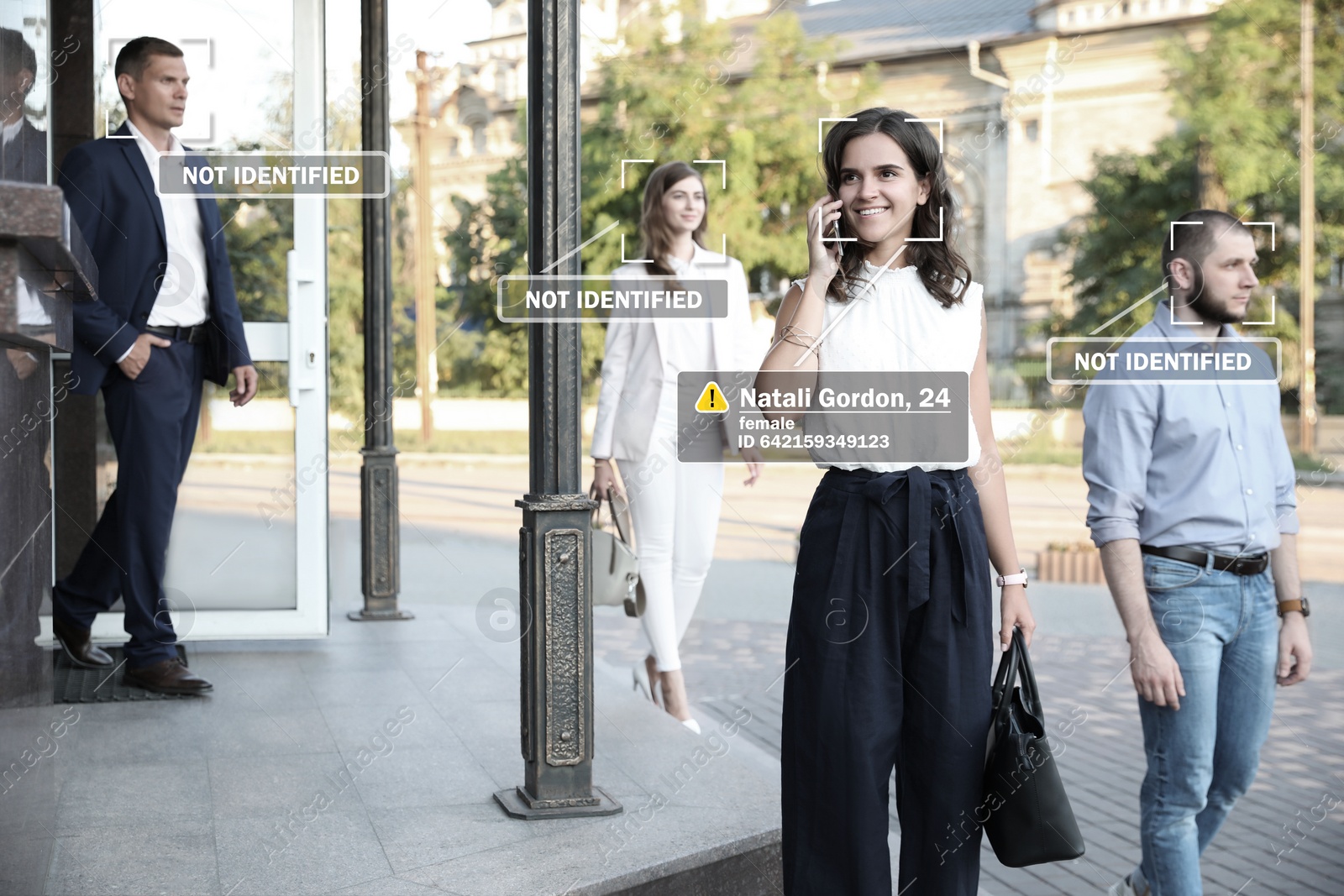 Image of Facial recognition system identifying people on city street. AI giving personal data of woman