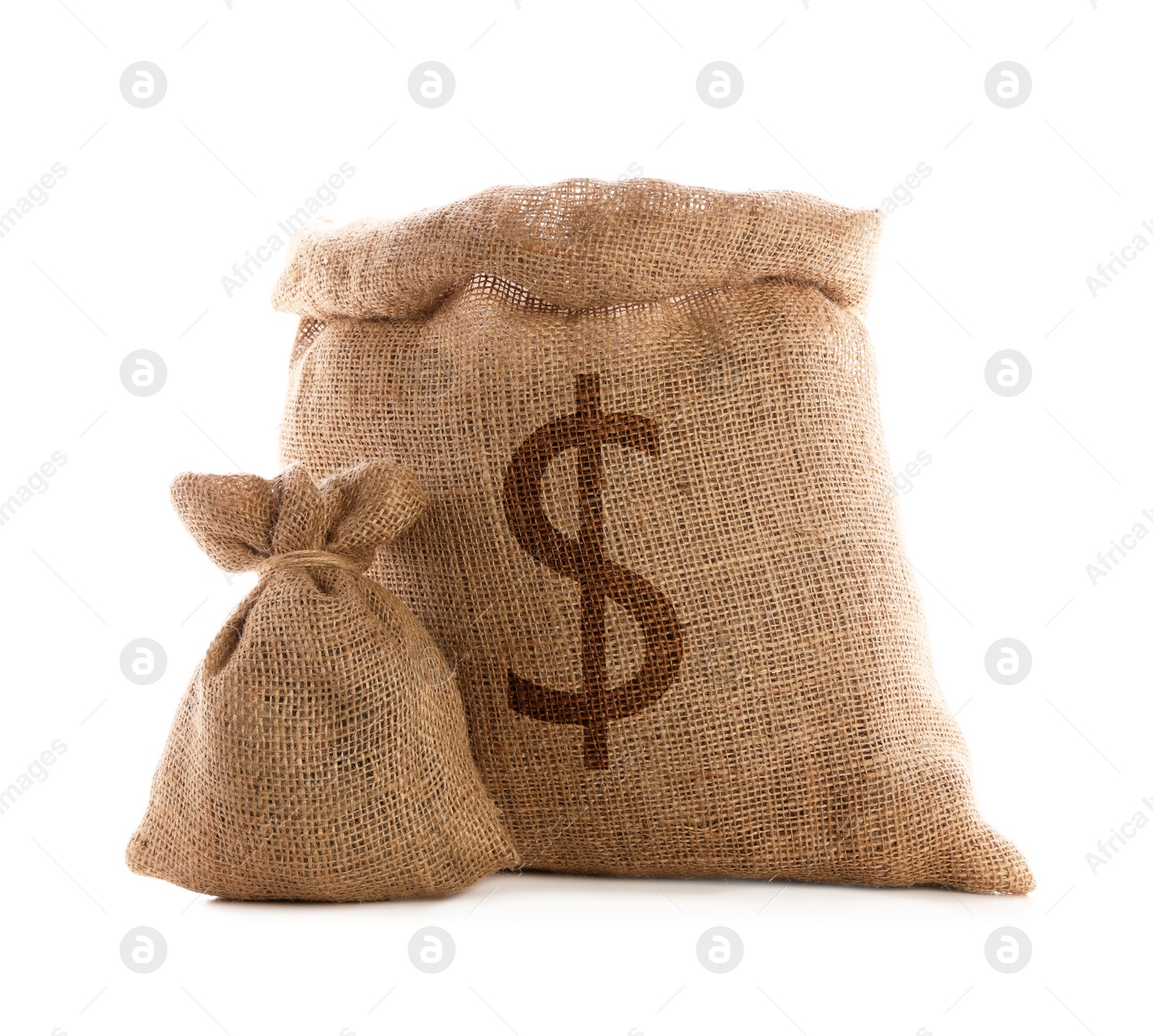 Image of Burlap bags and one with dollar sign on white background