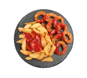 Delicious baked potato and onion rings with ketchup on white background, top view
