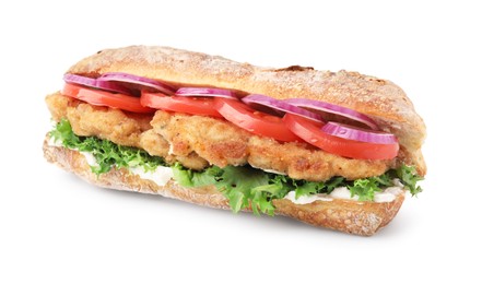 Delicious sandwich with schnitzel isolated on white