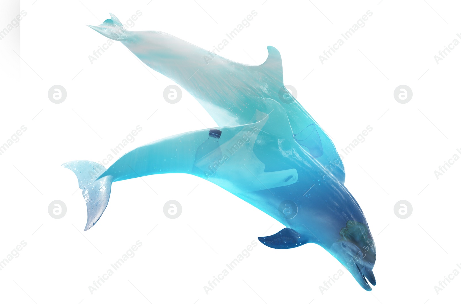 Image of Plastic garbage in ocean and dolphins, double exposure. Environmental pollution