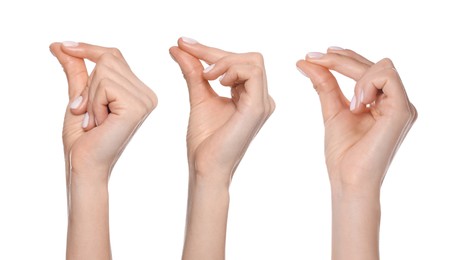 Collage with photos of women snapping fingers on white background, closeup