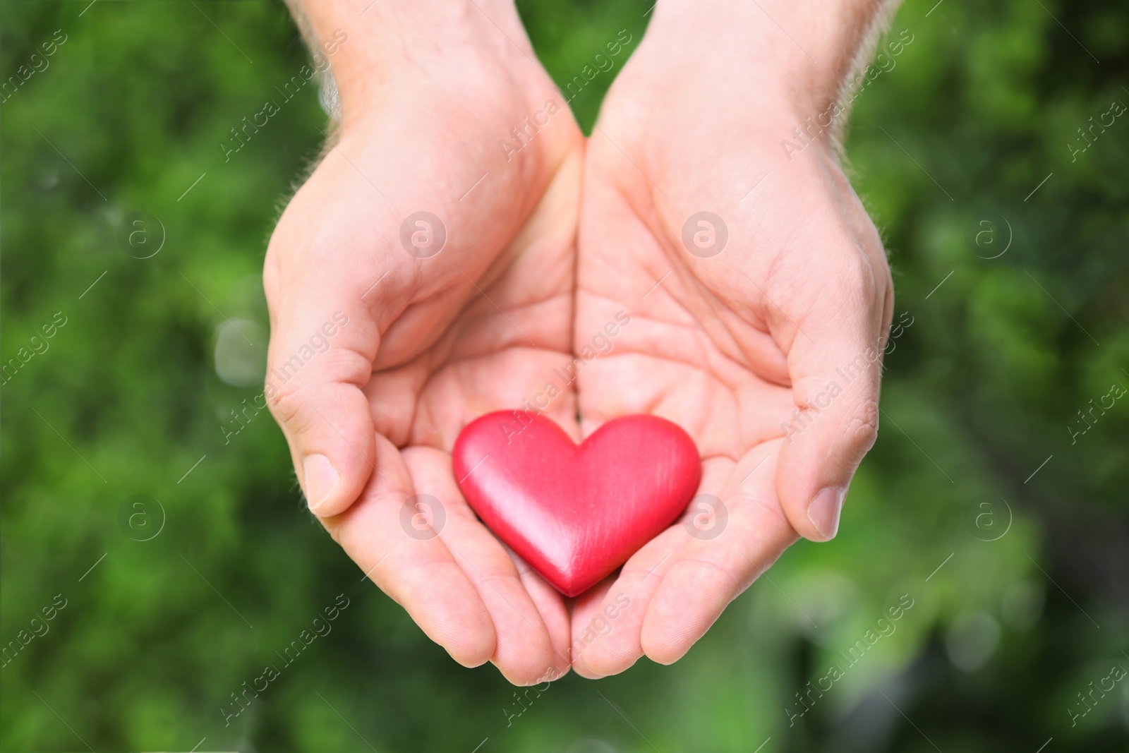 Photo of Young man holding red heart on blurred green background, closeup. Donation concept