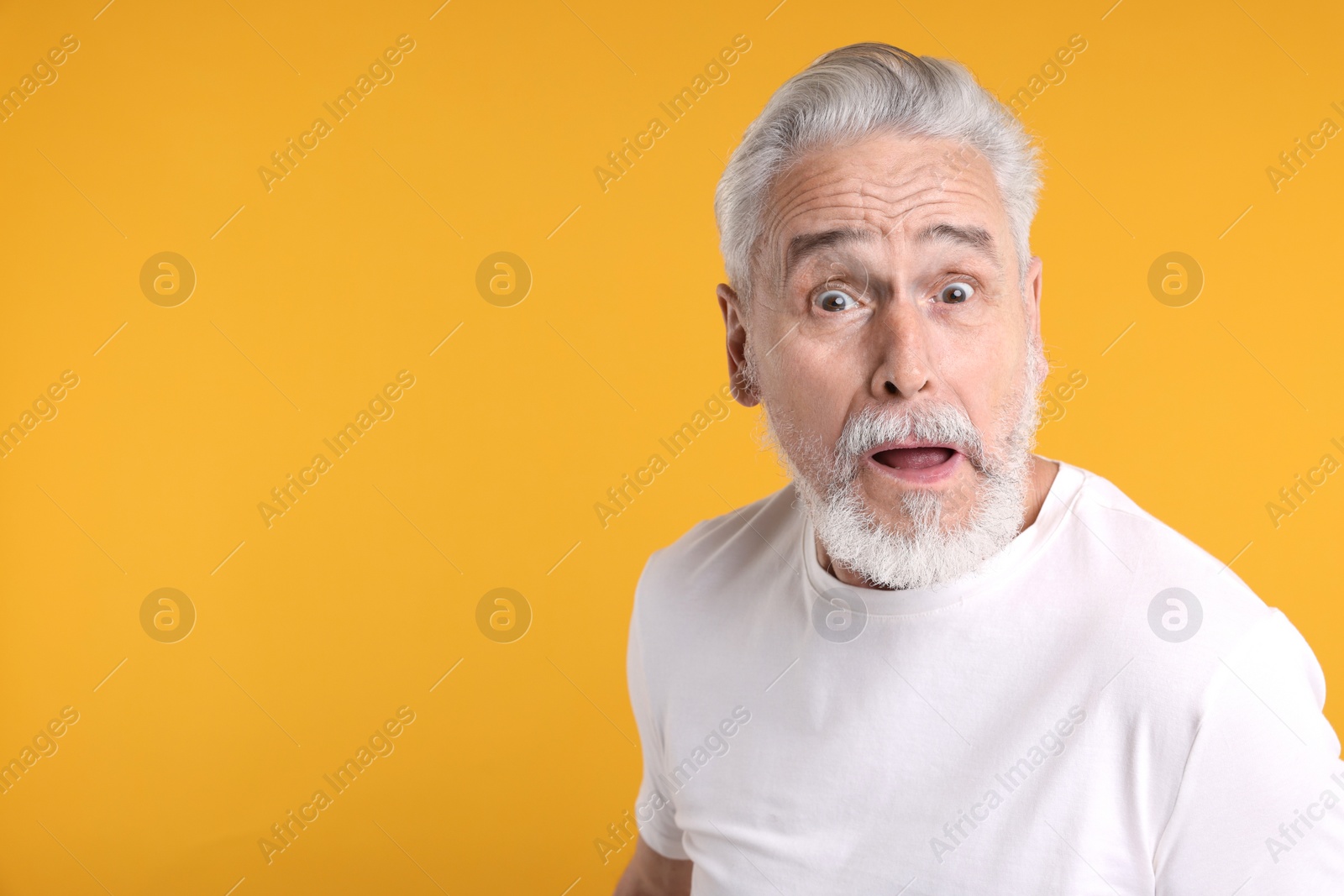 Photo of Portrait of surprised senior man on yellow background, space for text