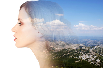 Image of Picturesque mountain landscape and beautiful woman on white background. Double exposure