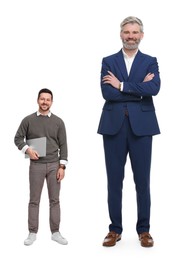 Happy giant boss and small man on white background