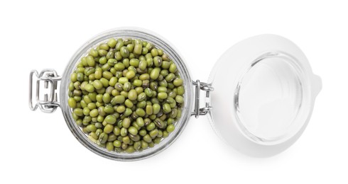 Photo of Glass jar with green mung beans isolated on white, top view. Organic grains