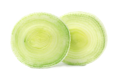 Photo of Fresh raw leek slices on white background. Ripe onion